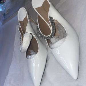 NEW White Heel Pumps Silver Gemstone Strap Pointed Toe Slip-on 10.5 MiraAzzurra